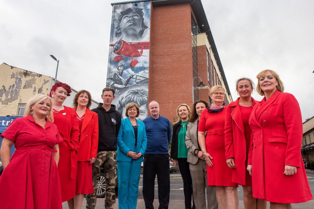 Pictured at the mural are: Amelia Earhart Legacy Association committee members Caroline McGowan, Elaine Duffy and Eilish Quigley, Donal O'Doherty, Peaball Collective, Catherine O'Mullan, Director of Curriculum and Academic Standards at NWRC, Conor McGurgan, Marketing and PR manager NWRC, Erin Hutcheon, Senior Marketing and PR Officer NWRC, Gillian Moss, Head of Client Services at NWRC, NWRC, and Amelia Earhart Legacy Association committee members Maureen McGhee, Nicole McElhinney,  and Sinead Hawkins